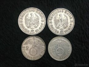 4 kusy stříbrných 2 a 5 marek Třetí říše, každá mince jiná