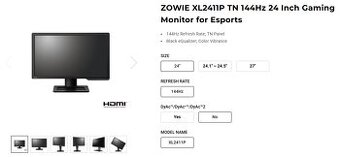 ZOWIE XL2411P TN 144Hz 24 Inch Gaming Monitor