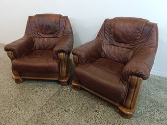 Rustikální kožené křesla, 2 ks, dohromady i zvlášť, masív