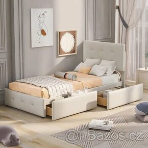 Čalouněná postel 90x200 cm s lamelovým roštem a 2 zásuvkami - 1