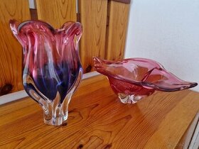 Hutní sklo, váza + mísa - 1