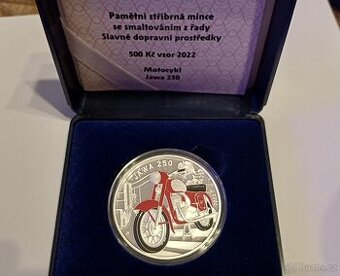 Stříbrná mince ČNB Motocykl Jawa stříbro smalt