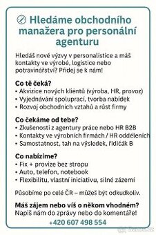 HLEDÁME OBCHODNÍHO MANAŽERA PRO PERSONÁLNÍ AGENTURU