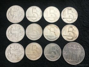 12 kusů stříbrných 5, 10 a 20 Kč, mince První Republika ČSR