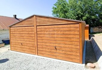 Plechová garáž 6m x 6m, sedlová střecha, 2x vrata dveře