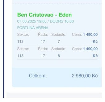2 Vstupenky na Bena Cristovao 7.6. 2025 Eden v Praze