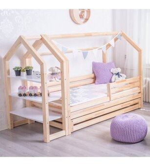 Domečková postel s šuplíkem premium + knihovna domeček