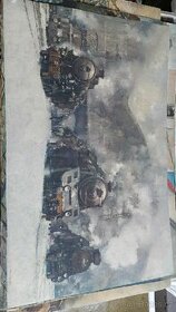 Školní plakát - nádraží, parní lokomotivy