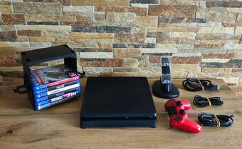 PS4 konzole Slim + 6 her, stojan, duální nabíječka TOP STAV