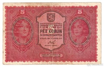 Vzácnější 5 Kč 1919 z 1. emise československých státovek