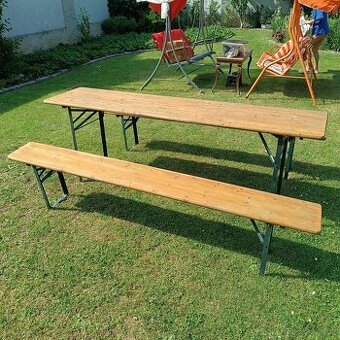Pivní set, stůl a dvě lavice, kov a dřevo, skládací - 1