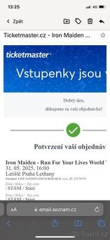Prodám 2x lístek na IRON MAIDEN - stání