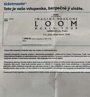 Prodám 3 vstupenky Imagine Dragons