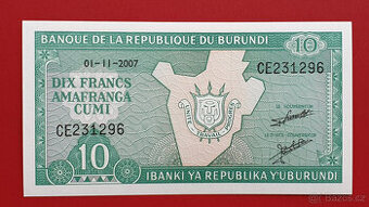 Bankovka BURUNDI 10 Francs rok 1997 stav UNC