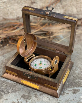 Mosazný kompas dřevěný box retro námořní dárek cestovatel