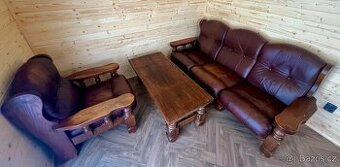 Masivní Kožená sedací souprava 3+1+1 konferenční stůl styl