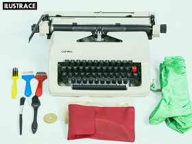 Příslušenství pro psací stroje - pásky, papír, čištění, guma