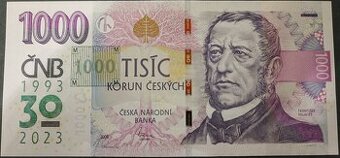 Výroční bankovka 1000 Kč s přítiskem ČNB - 30 let. Top stav.