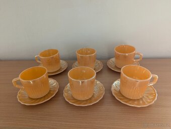 Fire-King Anchor Hocking – 6× hrnek + podšálek Peach Lustre