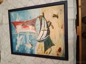 Obraz Loď na pláži olej na plátně SLEVA