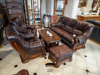 Sedací kožená souprava 3+1+1 - super stav - kuze - drevo