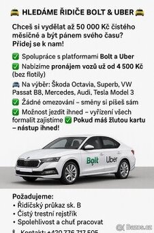 ŘIDIČ BOLTU  a UBER, PRÁCE RIČIČE TAXI, VÝPLATY TÝDNĚ