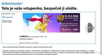 2 Vstupenky COMIC-CON PRAGUE- TŘÍDENNÍ VSTUPENKA (13.-15.3.