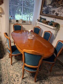 Jídelní rustikální rozkládací stůl a 6 židlí