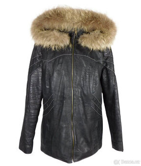 Kožená dámská černá zateplená bunda s pravou kožeš.  L
