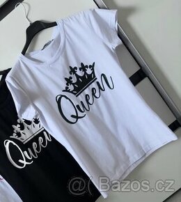 Bílé dámské tričko s černo - zeleným nápisem Queen