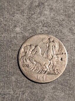 Stříbrná mince 1 Lira 1909 Italie