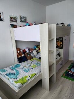 Patrová postel pro dvě děti se skříňkou