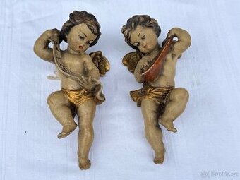 2x anděl dřevěná socha řezba polychromie zlaceno