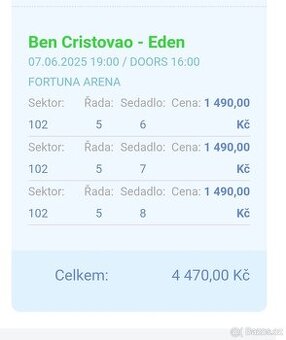PRODANO PRODANO PRODANO 3x vstupenka Ben Cristovao EDEN