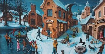 Zimní radovánky, akryl na překližce