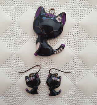 Dekorace bižuterie set černé kočičky náušnice přívěšek