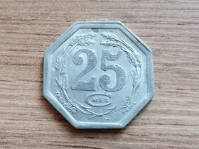 25 Centimes 1922 francouzská nouzová mince originál Francie
