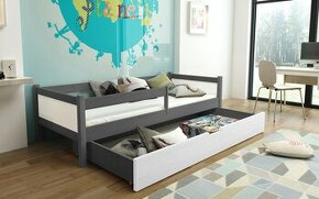 Nová dětská postel masiv šedá bílá + matrace + šuplík