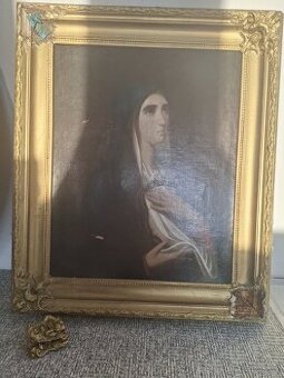 2 obrazy a kříž a mosazný lustr