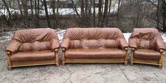 Kožená sedací souprava 3+2+1 s masivním dřevem