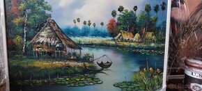 Vesnička u řeky,  zarámovaný obraz 115x77 cm
