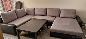 Velká šedá rozkládací sedačka do U + stolek