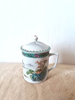 Bílo-tyrkysový čínský vintage hrnek s pokličkou