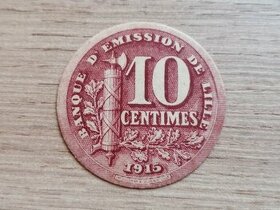 Papírová válečná nouzová mince 10 Centimes 1915 Francie