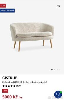 Pohovka GISTRUP 2 místná, krémová, plyš