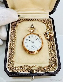 14K CELO ZLATÉ KAPESNÍ HODINKY OMEGA V ETUI S ŘETÍZKEM