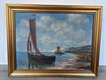 Obraz starožitný, Plachetnice, olej na plátně 72x94