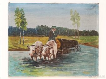 Obraz Wála, Volci na brodu, olej na plátně 21x30