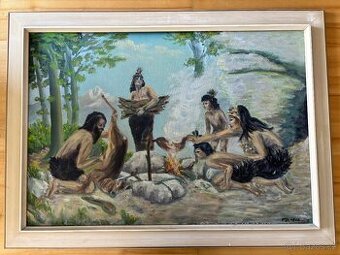 Obraz Pravěk 1970, originální olej na plátně 113x83