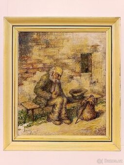 Obraz J.Trnka, Stařec a dýmka, olej plátno 62x54